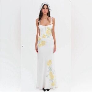 For Love And Lemons White Maxi Dress with Yellow Floral Design